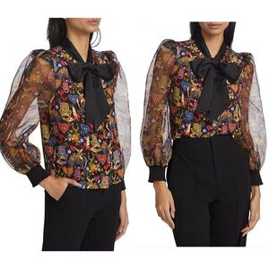 Alice + Olivia Brentley Evil Eye Hamsa Printed Organza Tie-Neck Button Blouse